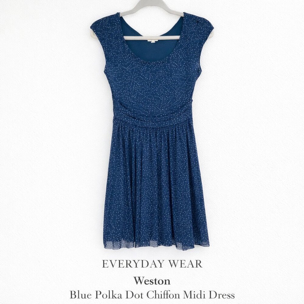 Anthropologie Weston Blue Polka Dot Chiffon Midi Dress XS Fit Flare
